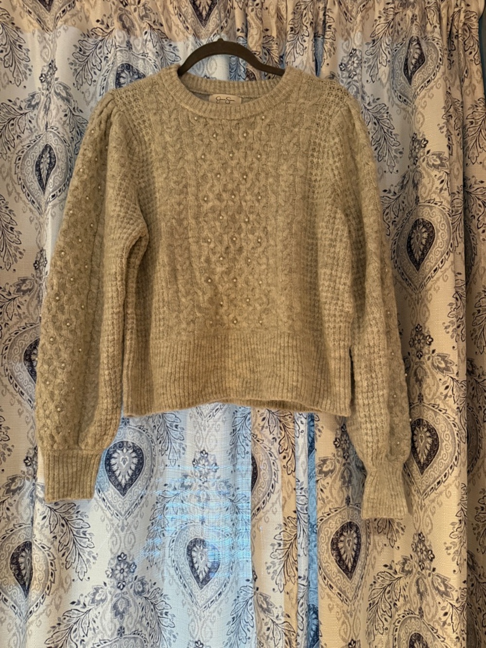 Jessica Simpson Taupe Beaded Cable Knit Crewneck Sweater